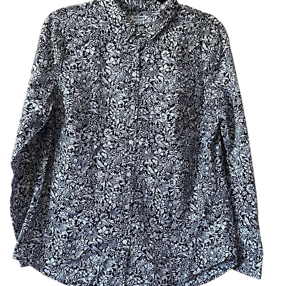 Old Navy Black & White Buttons Down Long Sleeve Cotton Size L Shirt Blouse :)